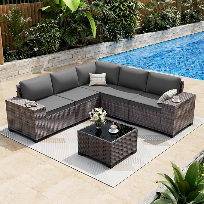 ALAULM 6 Pieces Patio Furniture Set, Oversized Seat/Armrest Sofas and High Back Wicker Sectional Furniture Set with Thick Cushion for Backyard, Garden, Grey