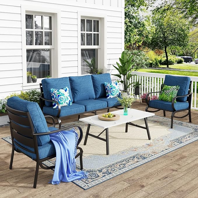 MFSTUDIO 4 Pieces Patio Conversation Set, 5 Seats Metal Patio Furniture Sets with 1 x 3-Seat Sofa, 2 Single Chairs,1 Coffee Table, All Weather Patio Sets with 5.75inch Peacock Blue Cushion for Garden