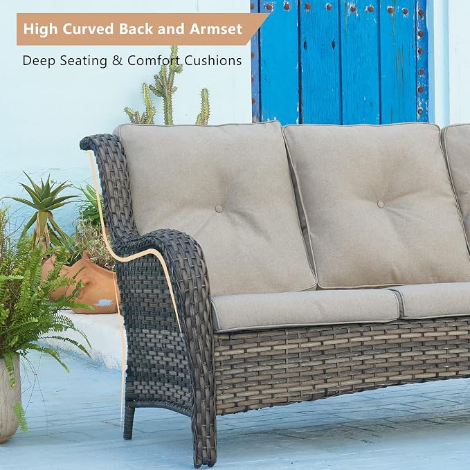 HUMMUH Patio Furniture with Fire Pit 4-Piece Wicker Outdoor Sectional Couch with Swivel Rocking Chairs, Propane Fire Pit Conversation Set for Garden, Backyard, Deck