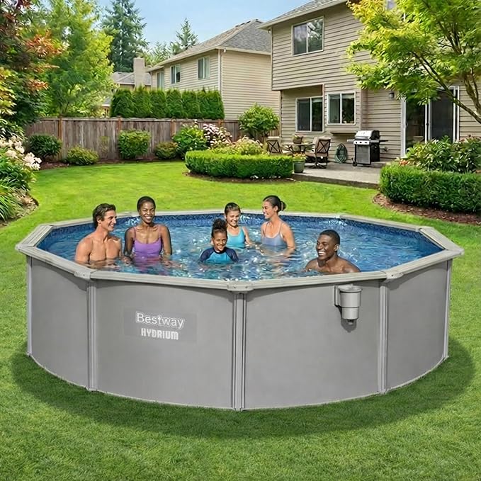 Bestway Hydrium 15' x 48" Above Ground Pool, Round Steel Side Wall Frame Outdoor Swimming Pool Set with Sand Filter Pump, Ladder & Accessories