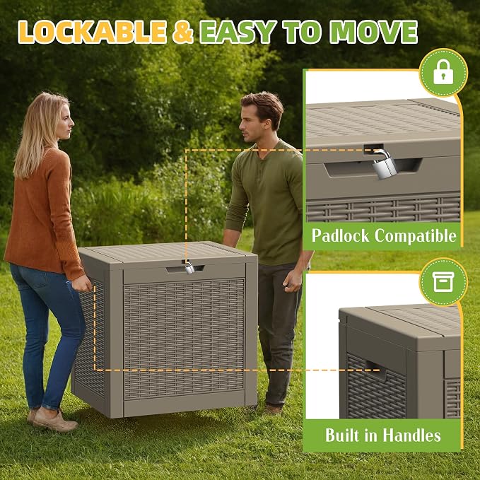 31 Gallon Outdoor Storage Box Weather Resistant UV Protection Waterproof Resin Deck Box for Garden, Patio, Porch, Delivery(Rattan Beige)