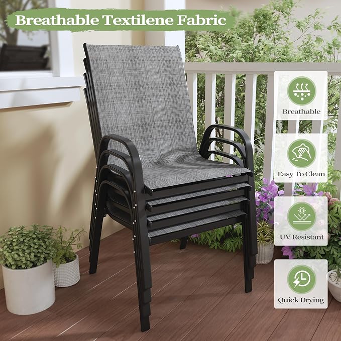 PIZZELLO 7 Pieces Outdoor Dining Set, 106" Aluminum Extendable Patio Dining Table w/ 6Pcs Stackable Textilene Chairs, All Weather Outdoor Table and Chairs Sets for Backyard, Garden, Deck and Poolside