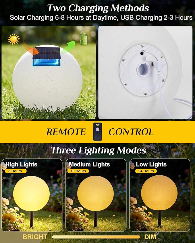 12 Inch Solar Ball Light, Solar Rechargeable Globe Light,3 Modes Dimmable Globe Light with Remote,Decor for Patio,Garden,Yard,Beach,Pathway,Party Decorative Lighting