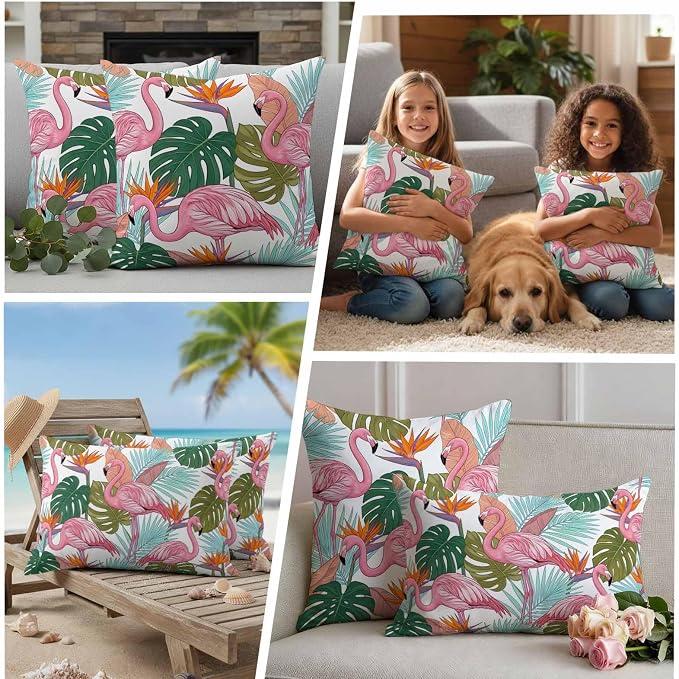 Pink Flamingos Outdoor Pillow Covers 20"x12" Set of 2, Watercolor Monstera Leaf Green Tropical Plant Waterproof Throw Pillow Covers for Patio Furniture, Decorative Cushion Covers for Porch