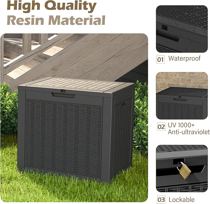 Outdoor Storage Box, 35 Gallon Deck Box with Lockable Lid, Waterproof Resin Storage Bin for Patio Furniture, Garden Tools, Cushions, Black