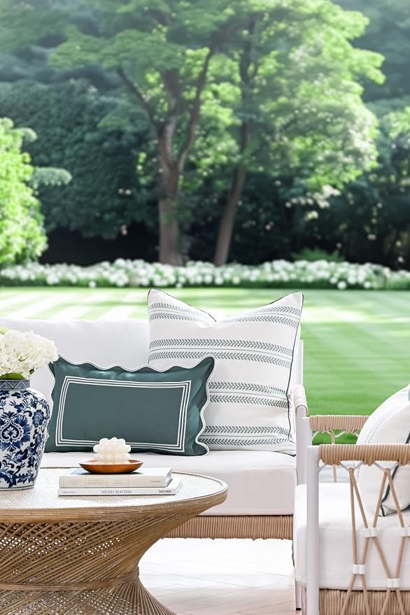 Hofdeco Premium Coastal Grandmillennial Patio Indoor Outdoor Throw Pillow Cover Only, 22"x22" Water Repellent for Backyard, Couch, Poolside, Celadon Green Print Leaf Striped
