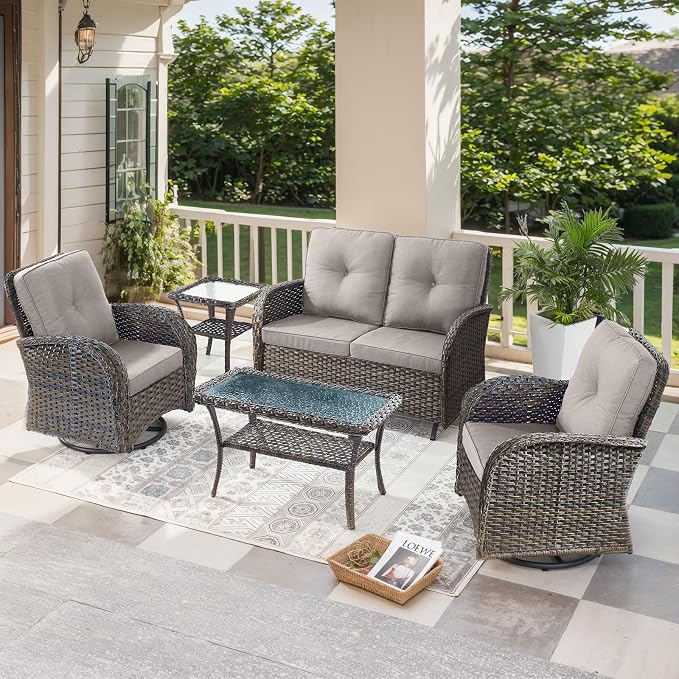 5 Pieces Patio Furniture Set-Outdoor Rocking Chairs Set of 2 Outdoor Glider Bench with Wicker Outdoor Coffee Table for Deck Lawn Porch Balcony Poolside-Brown/Beige
