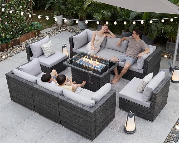 BULEXYARD 9 Piece High Back Outdoor Sectional Seating with Fire Pit Table, Heavy Duty Sturdy Wicker Patio Set Conversation Couch Sofa, Extra Wide Deep Large 8-Person Deck Furniture Set, Light Grey