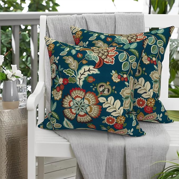 20x20 Inch Pack of 2 Patio Throw Pillow Covers ONLY, Water Repellent Cushion Cases, Square Pillowcases for Outdoor Couch Decoration, Peacock Blue