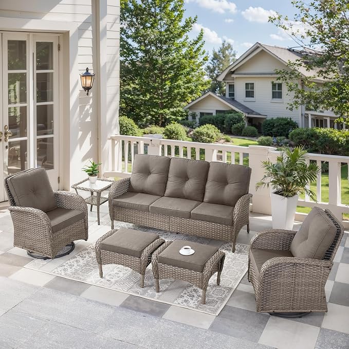 6 Pieces Outdoor Furniture-Patio Swivel Rocker Chairs Set of 2 3-Seater Wicker Couch with Outdoor Ottoman Outdoor Patio Furniture Set for Deck Porch Garden Balcony Poolside-Grey/Grey