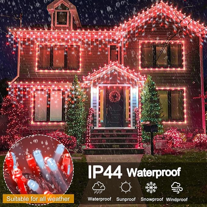 33ft Red and White Icicle Lights for Outside, 400 LED Christmas Lights | Clear Wire Connectable Twinkle Lights with 8 Modes Timer Waterproof for House Window Party Tree Holiday Patio Yard Home Decor