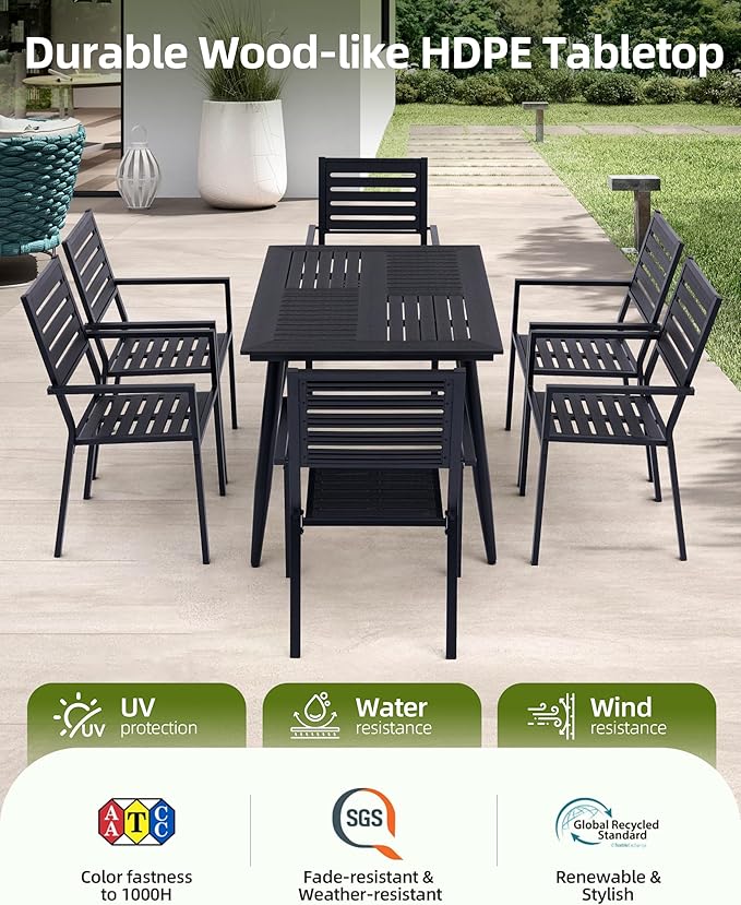 10-Piece Outdoor Dining Set - Two 47.25" HDPE Patio Tables and 8 Stackable Armrest Chairs - All-Weather Rust-Proof Steel Frame for Garden, Deck(Black)