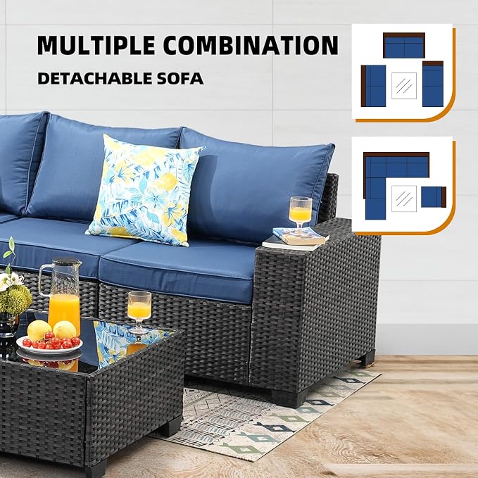 7-Piece Outdoor Patio Furniture Set, Modular Wicker Sectional Sofa with Thick Cushions & Coffee Table, All-Weather Rattan Conversation Set for Backyard, Porch, Poolside, Navy