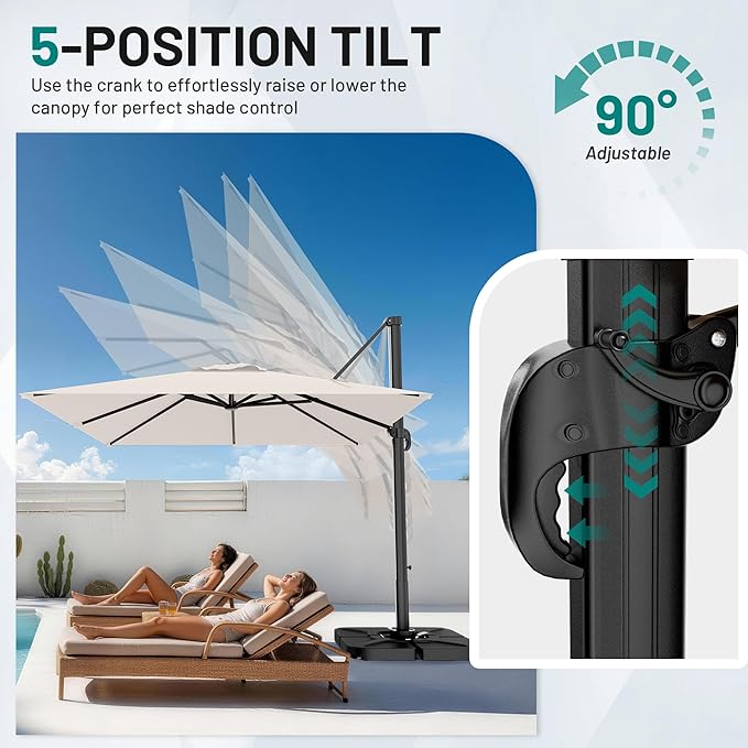 AreShark 9 X 9 FT Cantilever Patio Umbrella, 360-Degree Rotation Square Hanging Offset Umbrella with Crank, Heavy Duty Patio Umbrella for Patio, Pool, Garden, Deck, Cream White