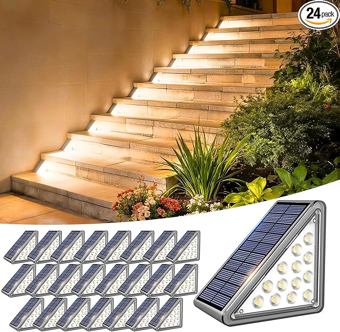 Solar Step Light Outdoor Stair Lights, Deck Lights Outdoor Powered IP65 Waterproof, 3000K Warm White Solar Outdoor Step Light, Decor for Stair, Deck, Step, Porch and Outside Patio, 24 Pack