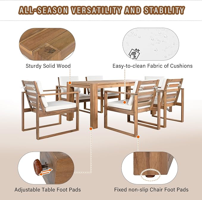 Patio Table and Chairs Set with Umbrella Hole, 7 Piece Outdoor Patio Furniture Set Wood Frame with Removable Cushion for Garden, Backyard, Lawn, and Poolside,Light Teak