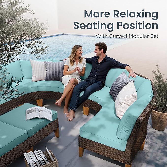 PHI VILLA 7-Piece Half Moon Patio Furniture Set with 56" Fire Pit Table, Outdoor Wicker Sectional Sofa with Aqua Blue Cushions, Large Curved Conversation Seating for Garden or Backyard