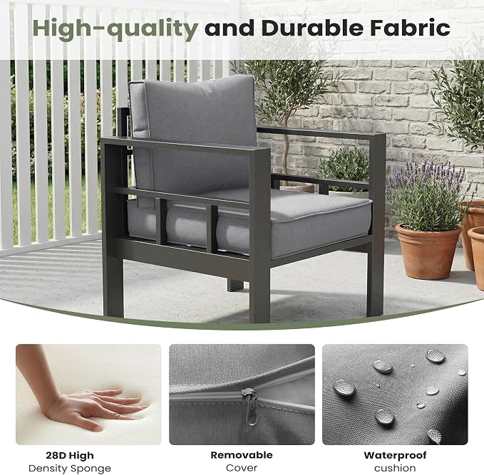 7 Piece Aluminum Patio Furniture Set with 44" Fire Pit Table & Thick Cushions, Aluminum Outdoor Sectional Conversation Set with Coffee Table for Porch, Backyard(Grey/Light Grey)