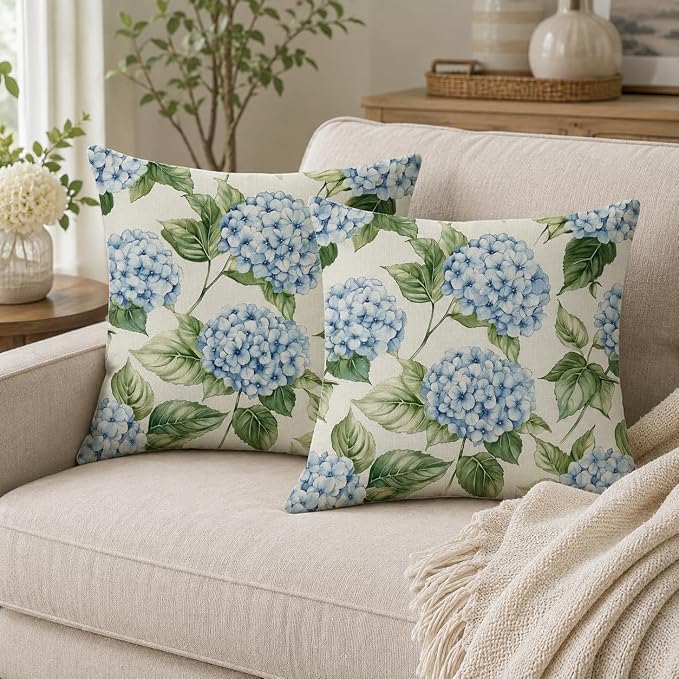 Blue Hydrangea Outdoor Throw Pillow Covers 18x18 inch Set of 2 Waterproof Floral Pillow Cases Flower Decorative Cushion Covers for Patio Garden Spring Decor