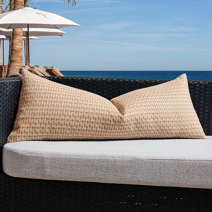 Kevin Textile Outdoor Waterproof 14"x36" Pillow Cover 1 Pack, Light Brown | Water Resistant Weaving Faux Linen Texture Throw Pillow Covers, Outside Decorative Pillowcases for Garden Patio Balcony Couch