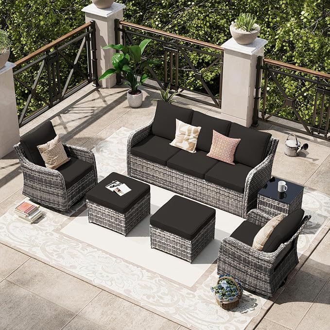 MEISSALIVVE Patio Furniture Set with Swivel Rocking Chairs, 6 Pieces Patio Conversation Set, Outdoor Wicker Sofa Couch with Waterproof Cushions for Lawn Backyard Porch (Black)