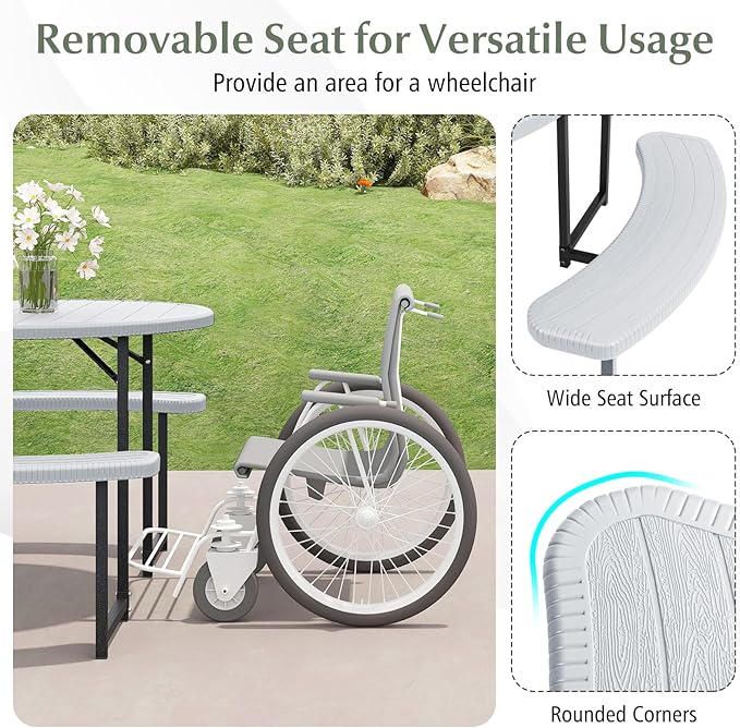Byroce 6-8 Person Picnic Table for Outdoors, HDPE Picnic Table Set with 4 Benches, Umbrella Hole & Metal Frame, Heavy Duty Round Dining Table Chairs for BBQ Party in Patio, Yard & Poolside (White)