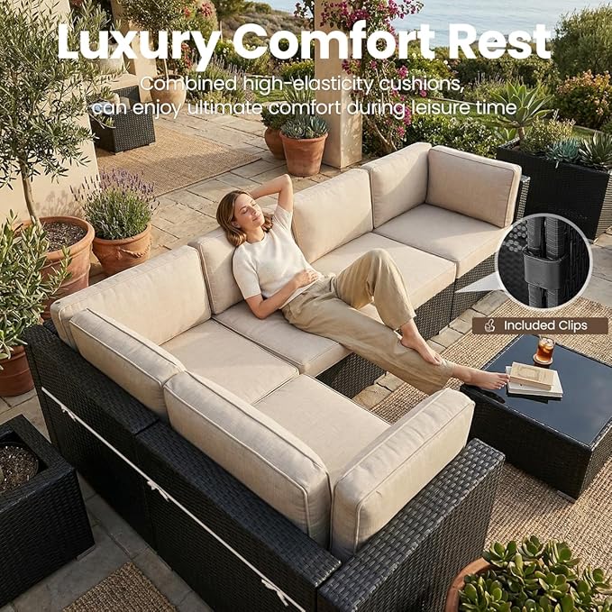 15 Pieces Patio Furniture Set with 44" Propane Gas Fire Pit Table, Outdoor Sectional Wicker Conversation Sofa Sets with Coffee Table