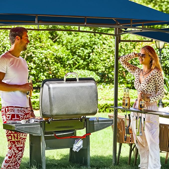 FAB BASED 5x8 Grill Gazebo with Extra Awning, All-Weather Steel Construction, Double Tiered & Resistant Canopy Roof, Metal Serving Shelves, 2 LED, Bottle Opener for Patio, Backyard, BBQ (Blue)