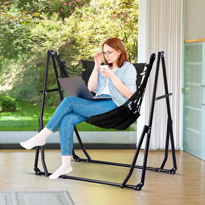 Hammock with Portable Steel Stand and Carrying Bag for Outside,Easy Set Up for Outdoor,Indoor,Backyard,Patio,Camping,Garden,Trip (Black)