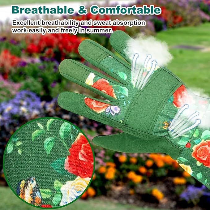 DLY Garden Gloves for Women,Gardening Gloves,Garden Gift for Lady,Blue,XL | Lightweight Microfiber Leather, Breathable Long Cuff, 3-Finger Touchscreen, Green Rose Print, Pruning, Weeding & Yard Work