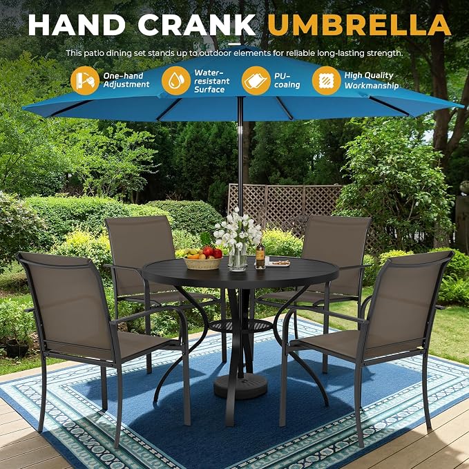 Incbruce 6 PCS Patio Dining Set with Sky Blue Umbrella, Outdoor Dining Set of 4 Textilene Chairs and 41" Round Table with Umbrella Hole for Backyard, Garden, and Poolside (Brown)