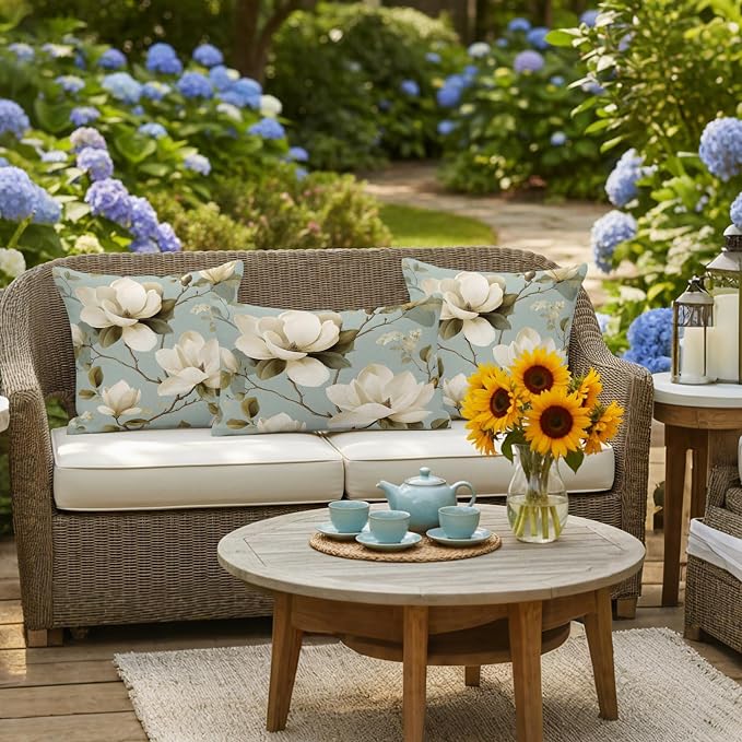 Vintage Floral Outdoor Pillow Covers 18"x18" Set of 2, Magnolia Flowers Branches Rustic Botanical Teal Waterproof Throw Pillow Covers for Patio Furniture, Decorative Cushion Covers for Porch