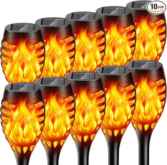 Solar Lights Outdoor: 10 Pack Solar Torch Lights Outdoor Flickering Flame for Halloween Decorations Outdoor - Waterproof Solar Garden Lights - Torches Flame Light for Yard Patio Pathway Lawn Decor