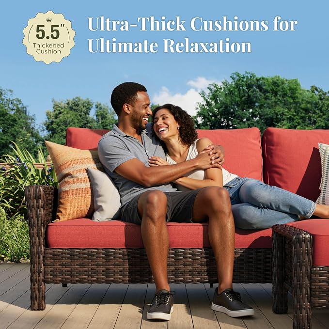 MIXPATIO 8-Piece Wicker Patio Furniture Set, Sectional Conversation Set with 2 x Swivel Chairs, 2 x Ottomans, 1 x 3-Seater Sofa, All-Weather Wicker Patio Conversation Set with 56" Fire Pit Table, Red
