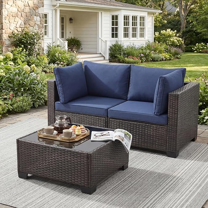 ANJ 3 Piece Outdoor Wicker Patio Furniture Set, Modular Loveseat Sofa with with Glass Top Coffee Table, All-Weather Rattan Conversation Couch Set for Balcony, Backyard, Dark Brown Wicker-Blue