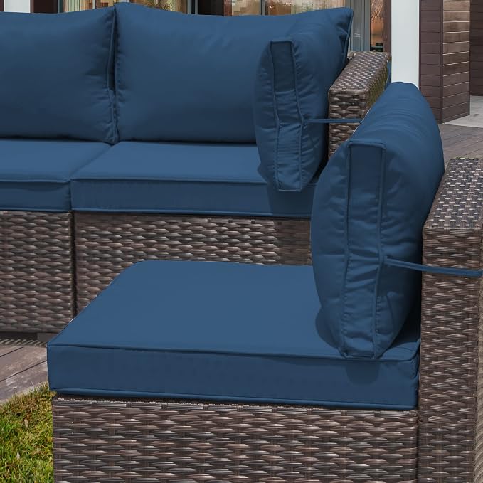 7 Pieces Outdoor Patio Furniture Set,Outdoor Sectional Furniture All Weather PE Rattan Wicker Patio Conversation Set with Coffee Table and 6 Thickened Cushions,Navy Blue