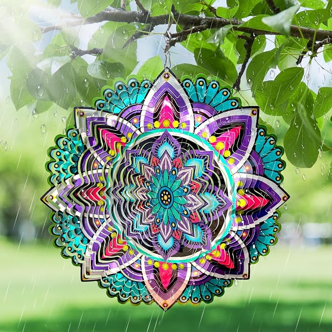 Goolyrusim Wind Spinner Mandala Jasmine, 12Inch Laser Cut Stainless Steel Wind Spinners, 3D Hanging Wind Sculptures for Yard and Garden Decoration Outdoor Decor Ornament, Mandala Gifts for Women Men