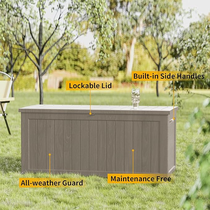 200 Gallon Outdoor Deck Box, Lockable Waterproof Outdoor Storage Boxes For Garden Tools,Indoor Cushions,Accessories Outside Storage Resin Weatherproof Container, Gray