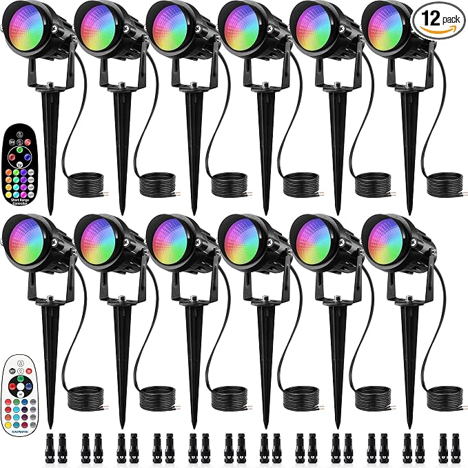 SUNVIE RGBW Low Voltage Landscape Lights Color Changing LED Landscape Lighting Outdoor Waterproof Remote Control for Garden Yard Pathway Christmas Decorative Lighting, 12 Pack with Connector | LED Landscape Lighting Waterproof Outdoor Remote Control fo...