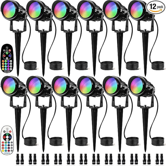 SUNVIE RGBW Low Voltage Landscape Lights Color Changing LED Landscape Lighting Outdoor Waterproof Remote Control for Garden Yard Pathway Christmas Decorative Lighting, 12 Pack with Connector | LED Landscape Lighting Waterproof Outdoor Remote Control fo...
