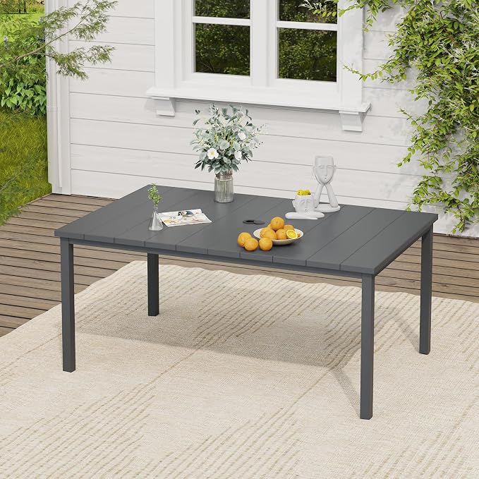 VICLLAX Patio Dining Set, 63" Dark Grey Table & 6 Chairs with Wheat Cushion | Outdoor Table and Chairs Set of Rectangular Metal Patio Table, Outdoor Dining Chairs with Metal Frame, Garden Deck Porch