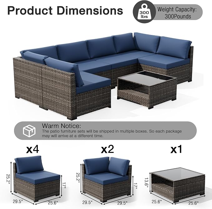 Joyside 7-Piece Patio Furniture Set, Rattan Outdoor Sectional Wicker Patio Conversation Set with Cushions and Coffee Table