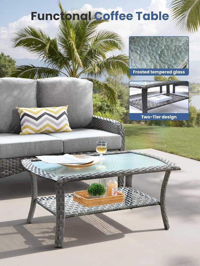 5-Piece Outdoor Patio Furniture Set with Swivel Chairs, Outdoor Conversation Wicker Sofa with Coffee Table, Rattan Couch for Deck Yard Poolside, Dark Grey