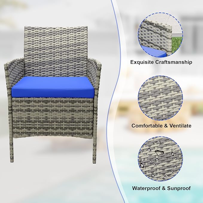 Takywep 3-Piece Outdoor Patio Bistro Set – PE Rattan Wicker Furniture, 2 Chairs, Soft Blue Cushions, Glass Coffee Table, Patio Conversation Set for Backyard, Porch, Apartment – Grey Gradient