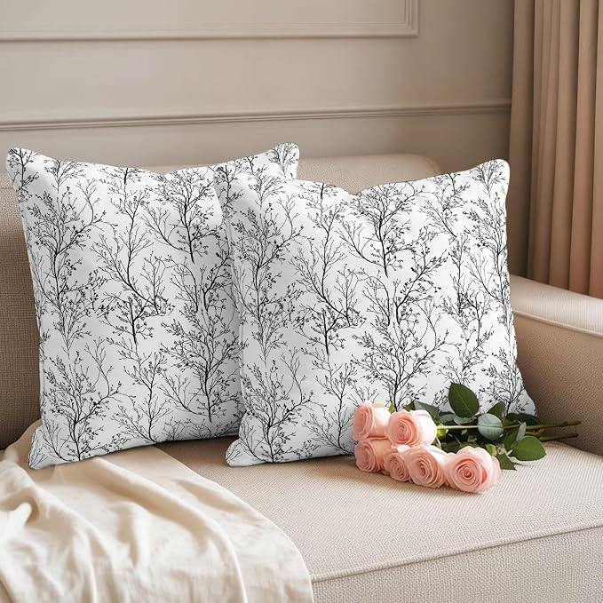 Black White Branches Waterproof Outdoor Pillow Covers Set of 2 Home Decor, Abstract Art Leaves Plant Pillowcase Patio Pillow Covers for Couch Bench Patio Furniture Garden 18x18in