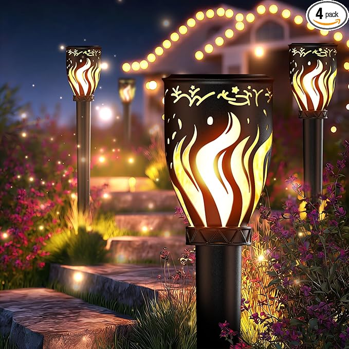 MrCrafts Nature Solar Lights Outdoor 4 Pack - 40'' Solar Powered Pathway Lights with Flickering Flame, Ideal for Gardens, Pathways, Patio, Balcony, Pool - Christmas, Halloween & Year - Round Decor