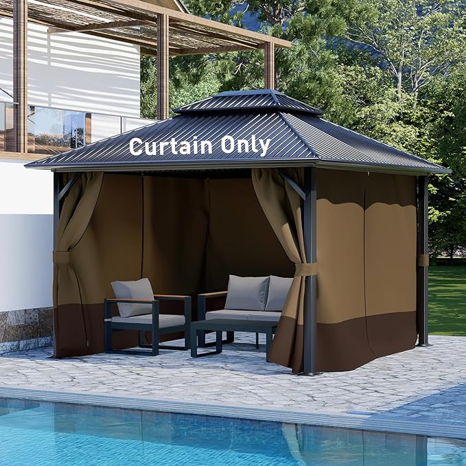 Aoodor 10x13 ft Outdoor Gazebo Curtains, 4 Panels Waterproof Privacy Sidewall Replacement with Zipper for Patio Pergola and Canopy, Brown and Coffee