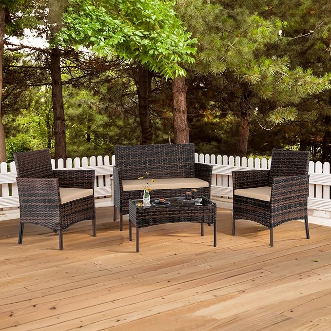 Outvita 4 Pieces Patio Furniture Set, Rattan Conversation Sets with Loveseat Soft Cushion and Glass Table for Garden Backyard Balcony Porch Poolside(Brown Gradient)