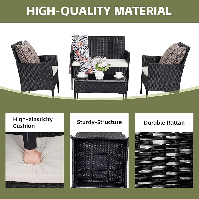 Patio Furniture Set,4 Piece Garden Conversation Set, Outdoor Wicker Rattan Table and Chairs, Black Patio Set, Sectional Sofa with Thick Cushion for Garden, Yard, or Porch (Black/Beige)