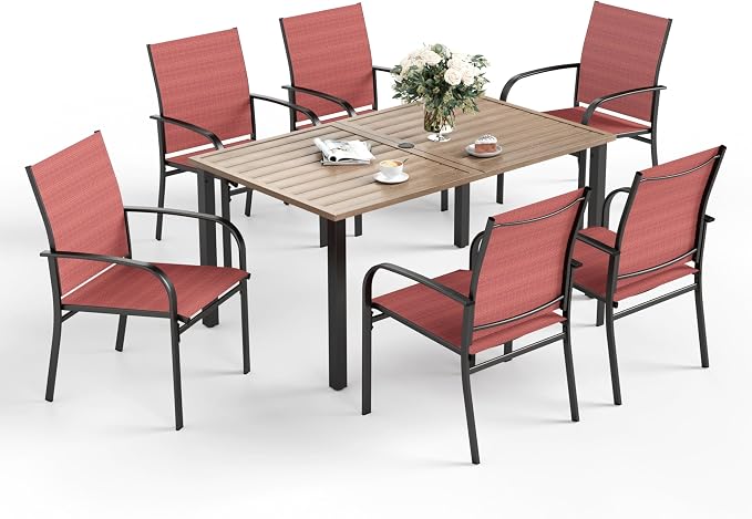 SUNSHINE VALLEY Patio Dining Set for 6, Rectangular Wood-Like Metal Table with Umbrella Hole and 6 Dining Chairs, Outdoor Table and Chairs for Lawn Garden Backyard and Deck, Red